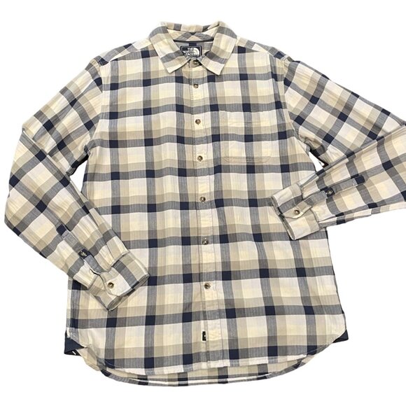 The North Face Men's Sz M Tan Navy Plaid Long Sleeve Button Down Shirt Cotton - Picture 1 of 12